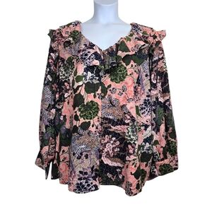Terra & Sky Womens Long Sleeve Green Pink Floral Print Ruffle Blouse Size 3X NWT